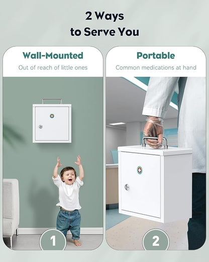 Uniclife Wall Mount Medicine Cabinet with Key Lock & Handle Locking First Aid Cabinet Lockable Medical Cabinet Lightweight Medium Medicine Organizer Secure Steel Wall Cabinet Metal Storage Box, White