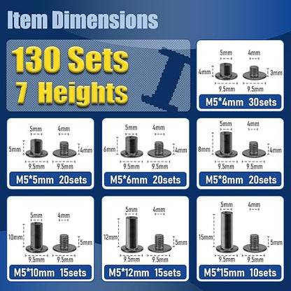 130 Sets Gunmetal Black Chicago Screws Leather Rivets Kit, 7 Sizes (M5*4,5,6,8,10,12,15) & 3 Screw Lengths (M4*3,4,5) for Belts, Bookbinding, DIY Leather