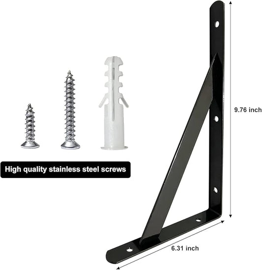 Heavy Duty Shelf Brackets, 10 in X 6 in, for 4 6 8 12 16 20 Inch Black Powder-Coated Shelf Brackets, Wall Mount Floating Shelf Bracket 4 Pack, L Brackets for Wood