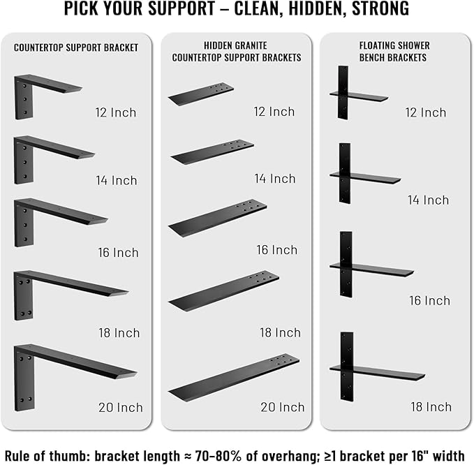 Hidden Granite Countertop Support Brackets 4 Pack 14" L x 2.5" W,3/8" Thick Heavy Duty Counter top Brackets,Flat Black Wall Mount Support Countertop Overhang Support for Quartz, Wood, Concrete,Island