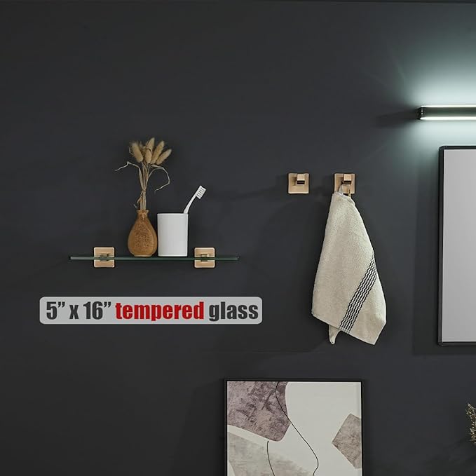 JQK Bathroom Glass Shelf, Floating Tempered Glass Shower Storage 16 by 5 inches, 304 Stainless Steel Champagne Bronze Wall Mount, TGS201L16-CB