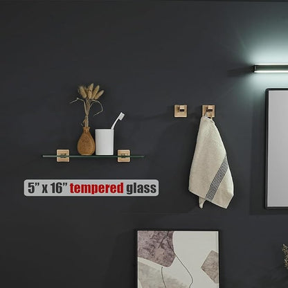 JQK Bathroom Glass Shelf, Floating Tempered Glass Shower Storage 16 by 5 inches, 304 Stainless Steel Champagne Bronze Wall Mount, TGS201L16-CB