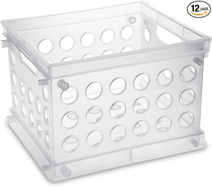 Sterilite Mini Crate, Stackable Plastic Storage Bin with Handles, Organize Home, Garage, Office, School, Dorm Room, Clear, 12-Pack