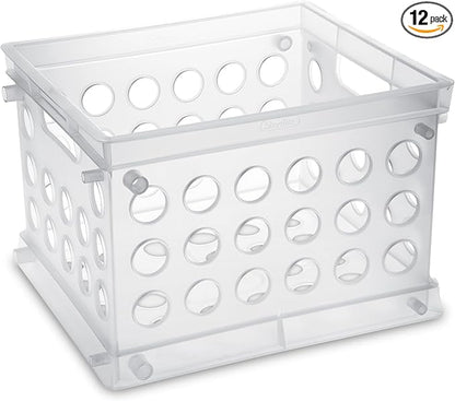 Sterilite Mini Crate, Stackable Plastic Storage Bin with Handles, Organize Home, Garage, Office, School, Dorm Room, Clear, 12-Pack