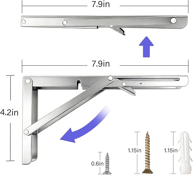 Heavy Duty Folding Shelf Brackets 8 Inch, 4 Pack Collapsible Wall Mounted Stainless Steel Brackets for 8 10 12 14 16 18 20 Inch Fold Down Shelves & Tables, Space Saving Hardware