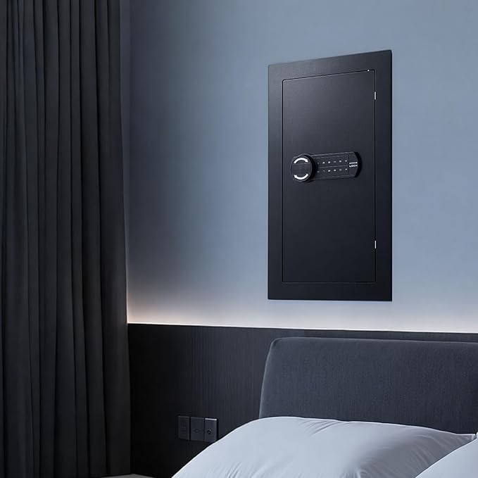 VEVOR 25.6" High Wall Safe, 3-Tier Hidden Wall Mounted Safe with Password & Key, Q235 Cold-Rolled Steel In-Wall Box with LED Lighting, 2 Adjustable Shelves & 5 Key Holders, Black