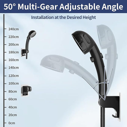 HANLIAN Strong Adhesive Handheld Shower Head Holder Without Drilling, 50° Adjustable Shower Wand Holder Wall Mount with Hooks, Waterproof Hand Held Showerhead Bracket with Hanger(Black, 1 Piece)