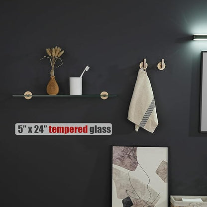 JQK Bathroom Glass Shelf, Tempered Glass Shower Storage 24 by 5 inches, 304 Stainless Steel Champagne Bronze Wall Mount, TGS101L24-CB