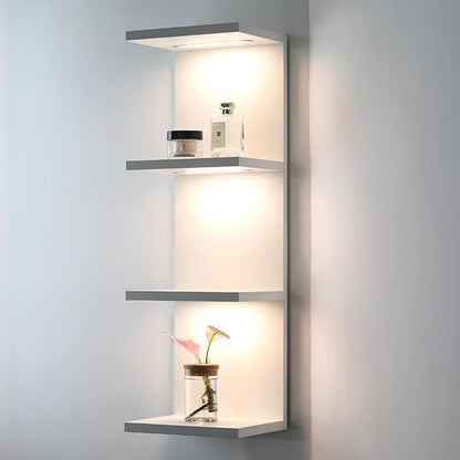 4 Tier LED Wall Shelf - Modern Floating Shelves for Makeup Vanity, Bedroom, Living Room | Easy Install Cosmetic & Display Lack Shelf, White