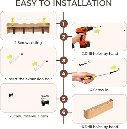 Wall Coat Rack Floating Shelves Modern Coat Rack Wall Mount with Storage Entryway Shelf Wooden Hanger 20 Inch 4 Hidden Metal Hooks for Living Room Bedroom (Wavy Oak, 4 Hooks)
