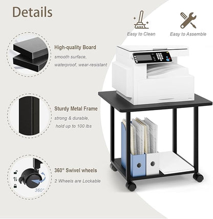 MARTY 22"x15.75" Large Under Desk Printer Stand with Storage Shelf 2-Tier Rolling Printer Cart with Wheels Printer Table for Home Office Heavy Duty Storage Rack for Scanner Fax Machine, Black
