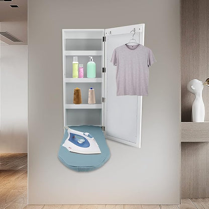 3 Tier Shelf Wall-Mounted Ironing Board Foldable Clothes Ironing Table Pull-Out Stow Away Ironing Board Retractable Small Ironing Board Ironing Storage with Mirror for Home Apartment