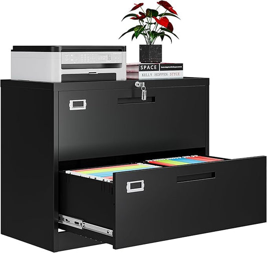 2 Drawer File Cabinets for Home Office, Metal Filing Cabinet with Lock, Black Locking File Caninet Two Drawer, Office Storage Caninets Steel Cabnet for Letter/Legal/A4/F4-Assembly Required