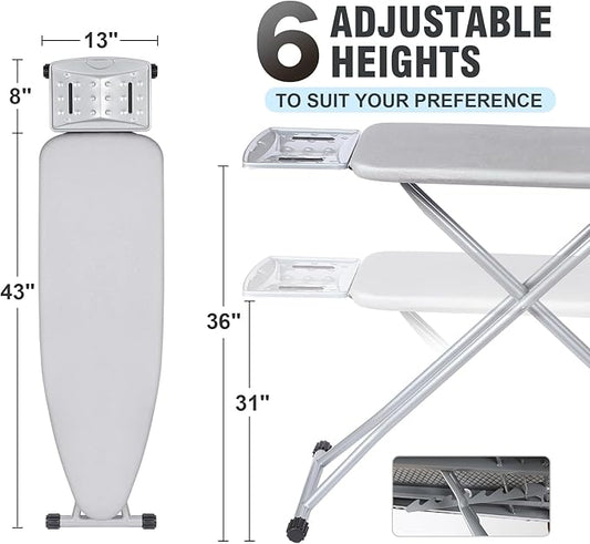 oleaf Ironing Board with Cover and Thicken Pad 43 x 13 Height Adjustable Full Size Foldable Iron Board with Iron Rest, Stable Steel Legs, Metal Construction, Heat Resistant, Light Green