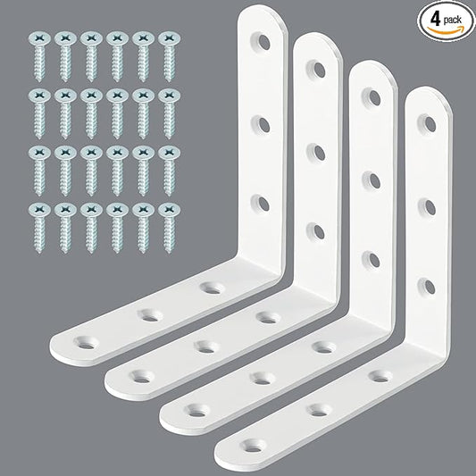 Alise 4 PCS L Brackets Heavy Duty Corner Bracket, 4 X4 Inch White Floating Shelf Brackets for Shelves, Stainless Steel L Shape Wall Mounting Brackets, Metal L Joint Angle Bracket for Wood Shelving