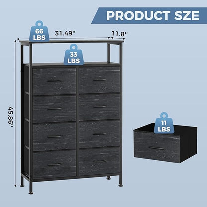 DUMOS TV Stands for Living Room with 8 Drawers, Tall 8-Drawer Chest of Drawers with Raised Shelf, Storage Tower with Fabric Bins for Organization, Hallway Storage, Wood Black