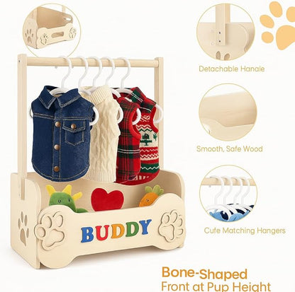 Wooden Dog Clothes Closet for Small Dogs, Pet Wardrobe with Hanging Rod & 10 Hangers, Clothing Rack & Toy Storage for Chihuahua Yorkie Pomeranian, DIY Name Plates, for Dog Moms