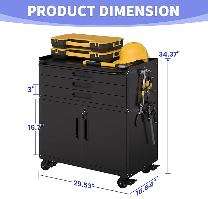 Metal Garage Storage Cabinet on Wheels, Lockable Rolling Tool Cabinet with Doors and 3 Drawers, Heavy Duty Mobile Steel Cabinet for Garage Warehouse Workshop