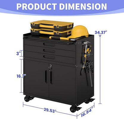 Metal Garage Storage Cabinet on Wheels, Lockable Rolling Tool Cabinet with Doors and 3 Drawers, Heavy Duty Mobile Steel Cabinet for Garage Warehouse Workshop