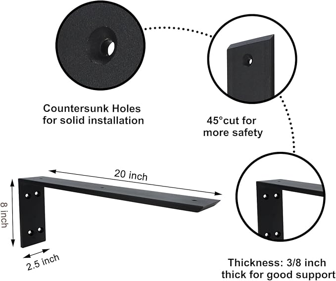 Countertop Support Bracket 6 Pack 20 inch Heavy Duty 3/8" Thick Black Granite Countertop Bracket 20"x8"x2.5" Shelf L Bracket Mantel Corbels for Quartz/Granite/Wood/Concret/Laminate Countertops