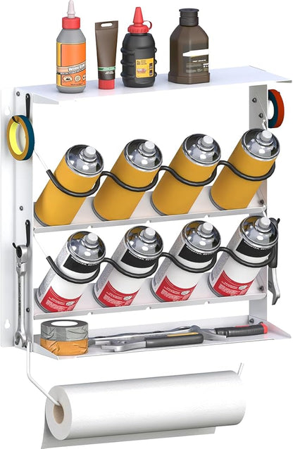 Spray Paint Can Holder with Paper Towel Holder for Home Garage Organizer, Wall Mount Paint Bottle Tool Utility Storage Rack with 8 Holes & 2 Shelf for Shop, White