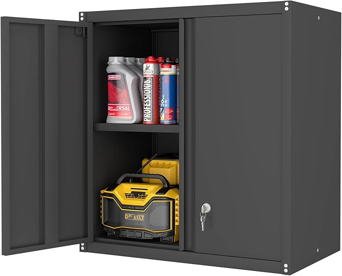 LUCYPAL Garage Storage Cabinet,27.95" H Metal Wall Cabinet with Locking Doors and Adjustable Shelves,Steel Garage Wall Mounted Cabinets for Home Office,Kitchen,Basement,Black