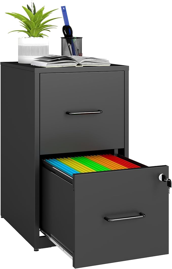 2 Drawer File Cabinet with Lock, Vertical Filing Cabinets for Home Office, Metal Storage Cabinet, Heavy Duty File Cabinet for Under Desk, Amsseble Required, Black