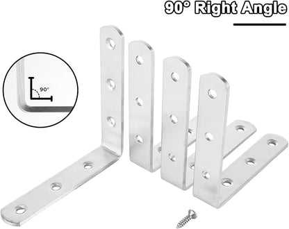 16PCS 4x4 Inch Stainless Steel L Bracket for Shelves, 90 Degree Joint Right Angle Bracket, Heavy Duty Corner Braces with Screws for Wood, Furniture, Brushed Nickel