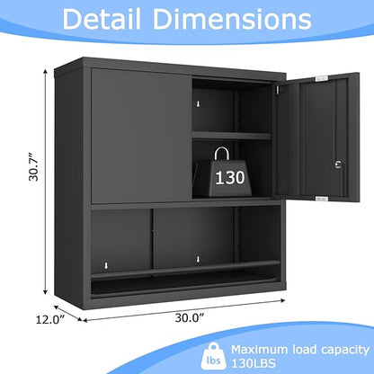 Metal Wall Cabinet, Garage Wall Cabinet with Lock, Wall Mounted Heavy Duty Steel Tool Cabinet with Door and Shelf, Hanging Cabinet for Garage Warehouse Bathroom Kitchen, Black
