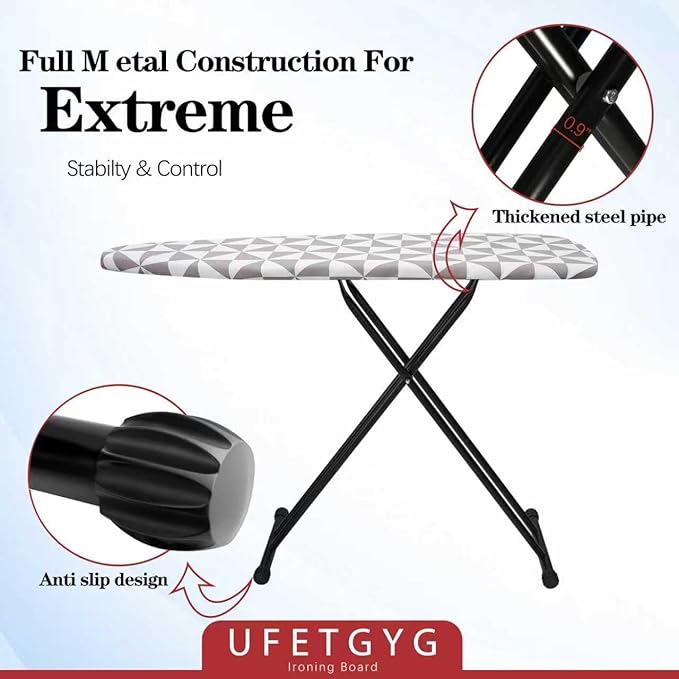 Ironing Board with Silicone Iron Rest pad,Extra Thick Cover,14x54 Compact and Space Saver Iron Board, Height Adjustable,Stable Structure, Easy to Fold, Gray and White