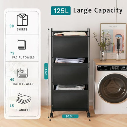 125L Vertical Laundry Hamper with Wheels, 3 Section Large Rolling Laundry Sorter with Detachable Inners, Metal Clothes Hamper Laundry Baskets Organizer for Bathroom, Bedroom, Dorm (Black)