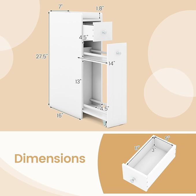 Tangkula Slim Bathroom Storage Cabinet, 4-Tier Narrow Small Side Storage Cabinet Next to Toilet, Slide Out Drawers on Casters, Bathroom Floor Organizer Toilet Paper Holder for Small Spaces (White)