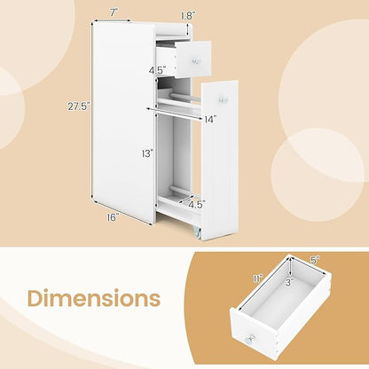 Tangkula Slim Bathroom Storage Cabinet, 4-Tier Narrow Small Side Storage Cabinet Next to Toilet, Slide Out Drawers on Casters, Bathroom Floor Organizer Toilet Paper Holder for Small Spaces (White)