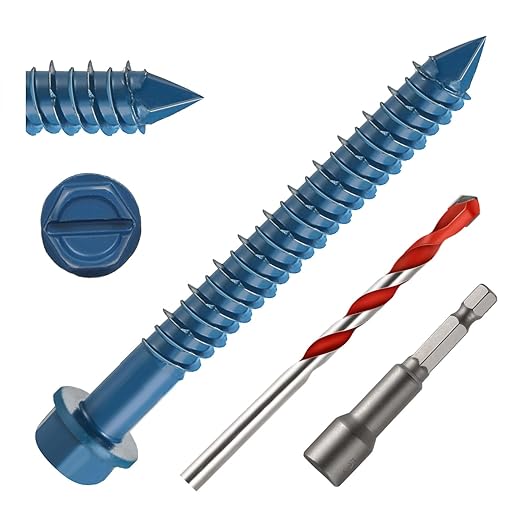 3/16" x 2-1/4" Concrete Screws, 50 PCS Blue Hex Washer Head Concrete Screws Anchor Kit with Drill Bit and Hex Bit Socket, for Masonry, Cement, Block, Brick or Stucco