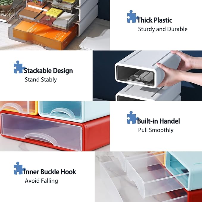 Stackable Desk Organizer, 3-Piece Plastic Drawer Set, White, 13" Wide Letter Size, 3 Drawers