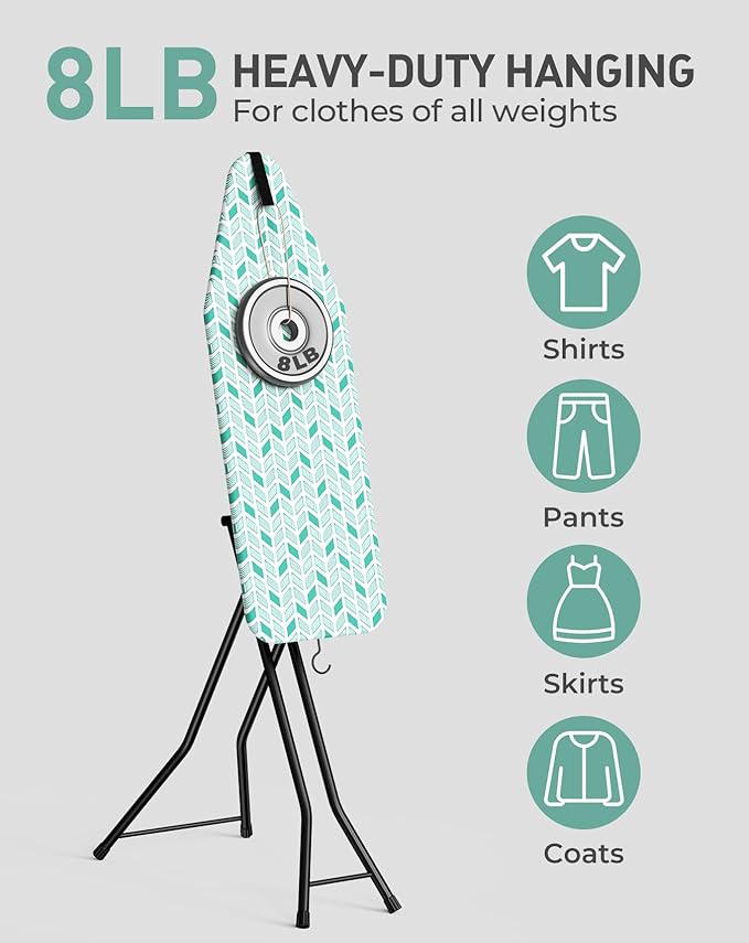 LyriFine Ironing Board, 2-in-1 Flat and Hanging Board, Sturdy Steel Frame Iron Board with Non-Slip Feet, Heat Resistant Cover Iron Board, Foldable Ironing Board Full Size with Hook, 14″ x 43″ Green