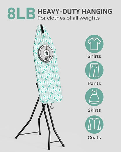LyriFine Ironing Board, 2-in-1 Flat and Hanging Board, Sturdy Steel Frame Iron Board with Non-Slip Feet, Heat Resistant Cover Iron Board, Foldable Ironing Board Full Size with Hook, 14″ x 43″ Green