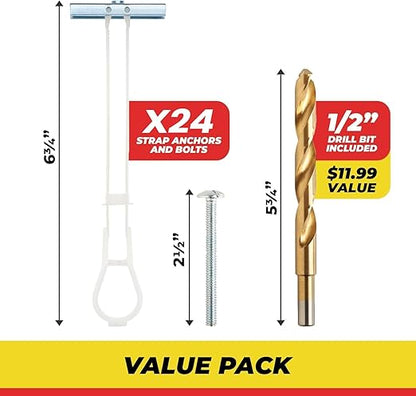 1/4”-20 Quick Easy Heavy Duty Toggle Anchors with Bolts - Hollow Wall Anchors with Steel Wings, Adjustable Up to 2 1/2" Thick Wall, Holds Up to 1080 Lbs, Heavy Duty Drill Bit Included (24 Pack)