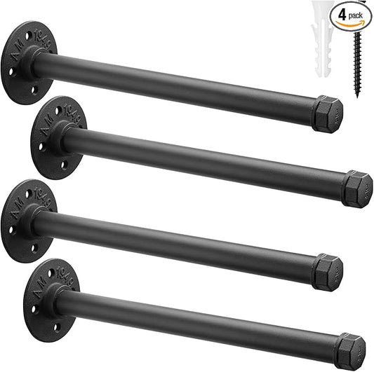 Industrial Pipe Clothing Rack 12 Inch 4 Pack, Closet Rod for Hanging Clothes, Wall Mounted Clothes Rack Heavy Duty Metal Shelving Brackets Vintage Rustic Garment Hanger