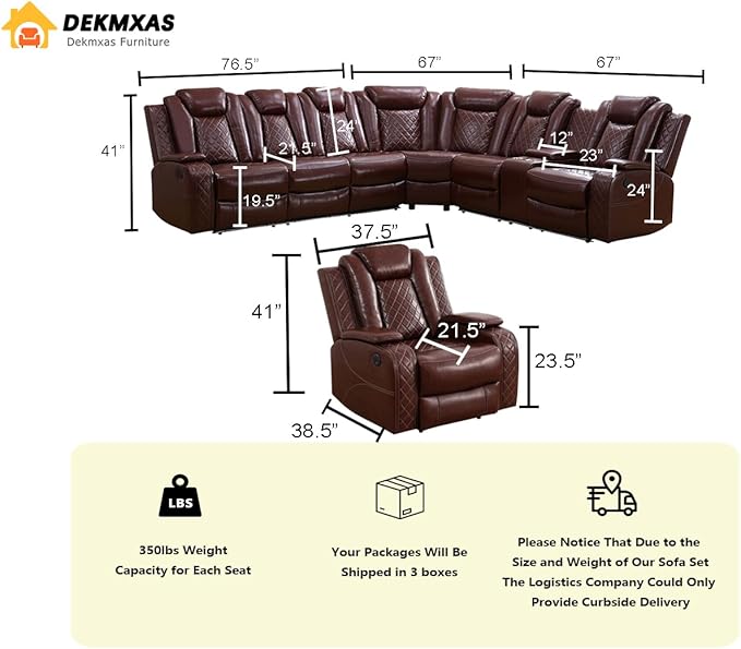 Power Sectional Reclining Sofa Set, Brown Breathing Leather Power Recliner Sofa Set with LED Light, Living Room Furniture with 3 Recliner Seats/Cup Holder/Storage Console for Living Room