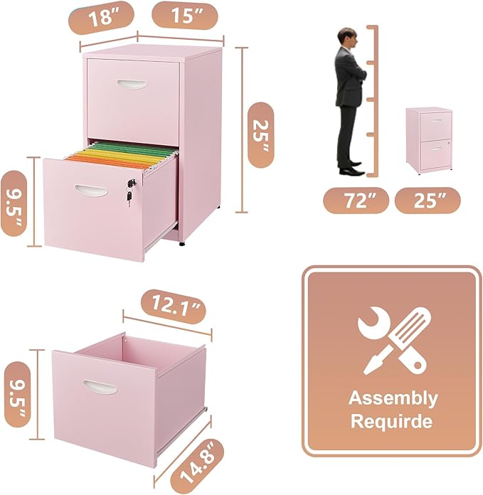 Pink Under Desk File Cabinet, 2 Drawer Locking Cabinet for Home Office, Letter Size - Assembly Required