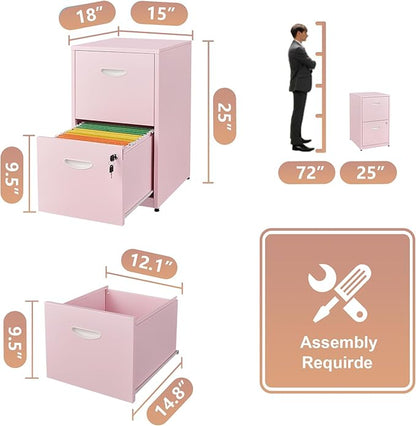 Pink Under Desk File Cabinet, 2 Drawer Locking Cabinet for Home Office, Letter Size - Assembly Required