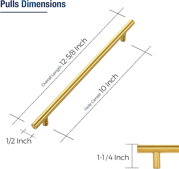 JOY DECOR 5 Pack Cabinet Handles, Gold Cabinet Pulls, 10 in Hole Center Kitchen Cabinet Handles, Stainless Steel T Bar Handles for Dresser Drawers