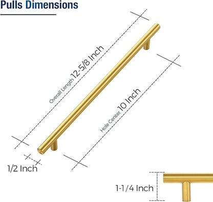 JOY DECOR 5 Pack Cabinet Handles, Gold Cabinet Pulls, 10 in Hole Center Kitchen Cabinet Handles, Stainless Steel T Bar Handles for Dresser Drawers