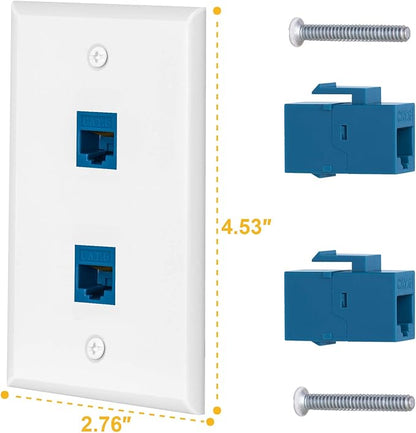 2 Pairs Ethernet Wall Plate Cat6 2 Port Keystone Jack Wall Plate with RJ45 Coupler Outlet Connector and Single Gang Low Voltage Mounting Bracket