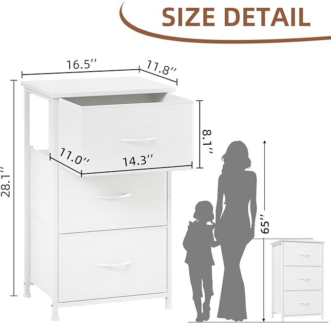 Somdot Dresser for Bedroom with 3 Drawers, Storage Organizer Chest of Drawers with Removable Fabric Bins for Closet Bedside Living Room Laundry Entryway Hallway, White Leather