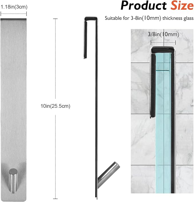 Shower Door Hooks(10 Inch),Extended Over Door Hooks for Bathroom Frameless Glass Shower Door,Stainless Steel Towel Hooks,Heavy Duty Rack Hooks for Robe,Towel-4 Pack-Silver