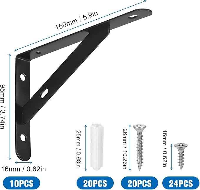 10 Pack - 6 Inch Heavy Duty Shelf Brackets, Wall Mount L Shelf Bracket, 90 Degree Black Metal Brackets for Floating Shelves with Screws, Powder-Coated Steel(3.7 x 6 inch)