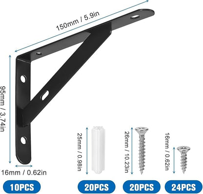 10 Pack - 6 Inch Heavy Duty Shelf Brackets, Wall Mount L Shelf Bracket, 90 Degree Black Metal Brackets for Floating Shelves with Screws, Powder-Coated Steel(3.7 x 6 inch)