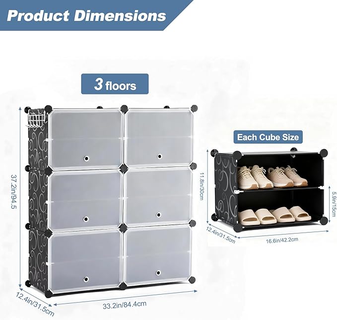 DUMOS Shoe Rack Organizer, 6-Tier Shoe Storage Cabinet with Door, Stackable Plastic Shoe Shelves Organize for Closet,Entryway,Hallway,Bedroom, 24 Pairs, Black